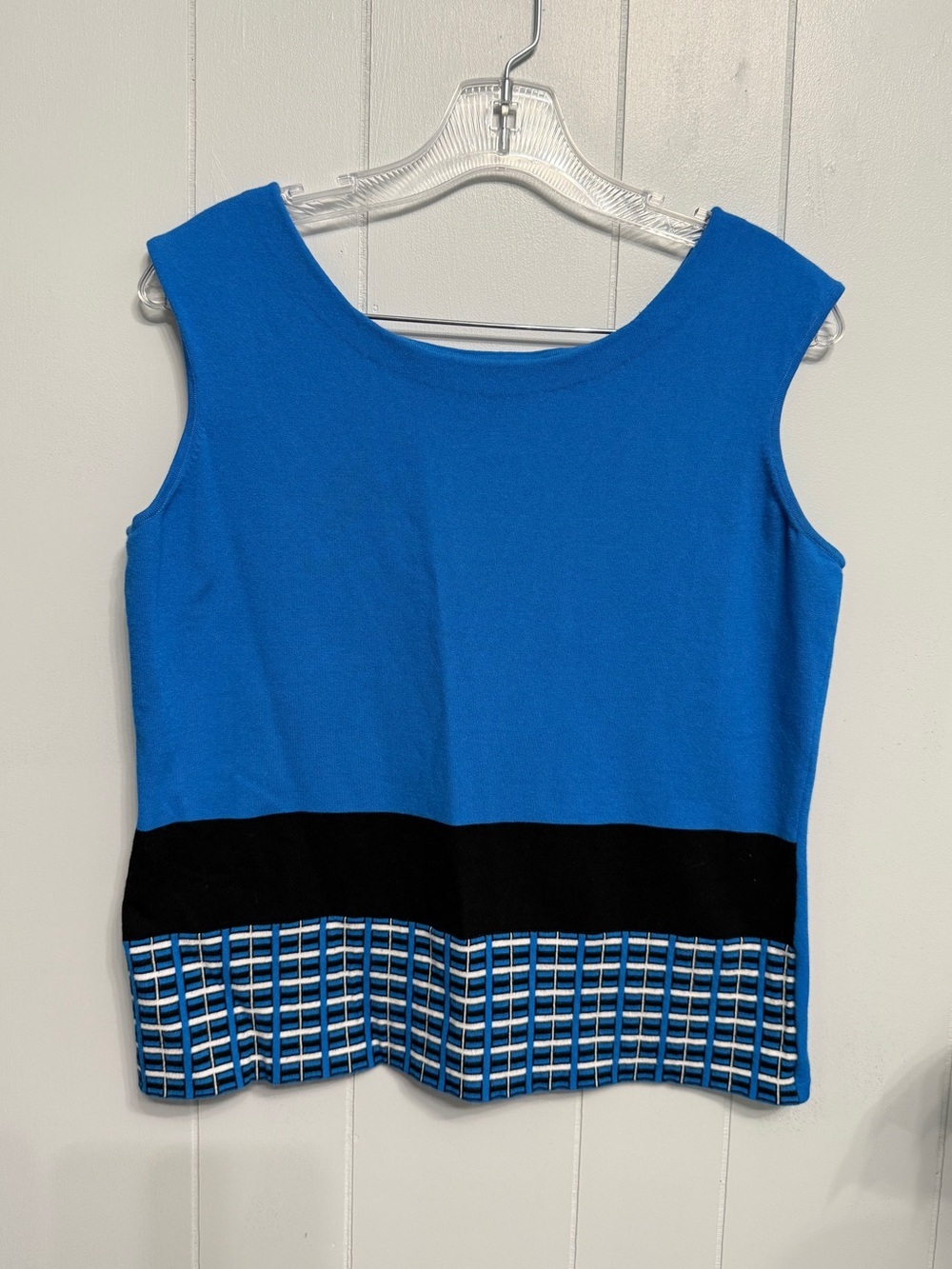 #16) Per Se Royal Blue Sleeveless Top with Black Band and Patterned Hem